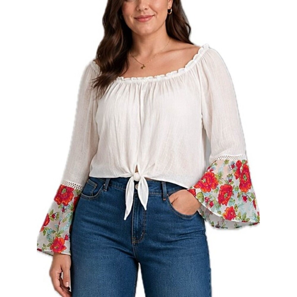 BCX Floral Embroidered Bell Sleeve Tie Front Top Size XL White Crinkled Blouse